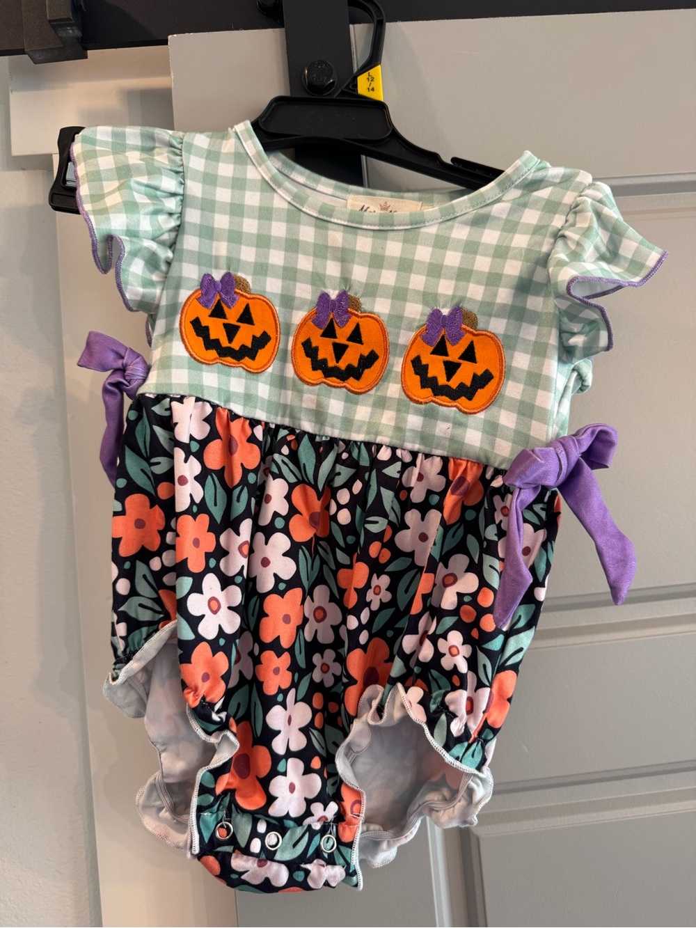 Green Gingham & Purple Trim Pumpkin Floral Romper